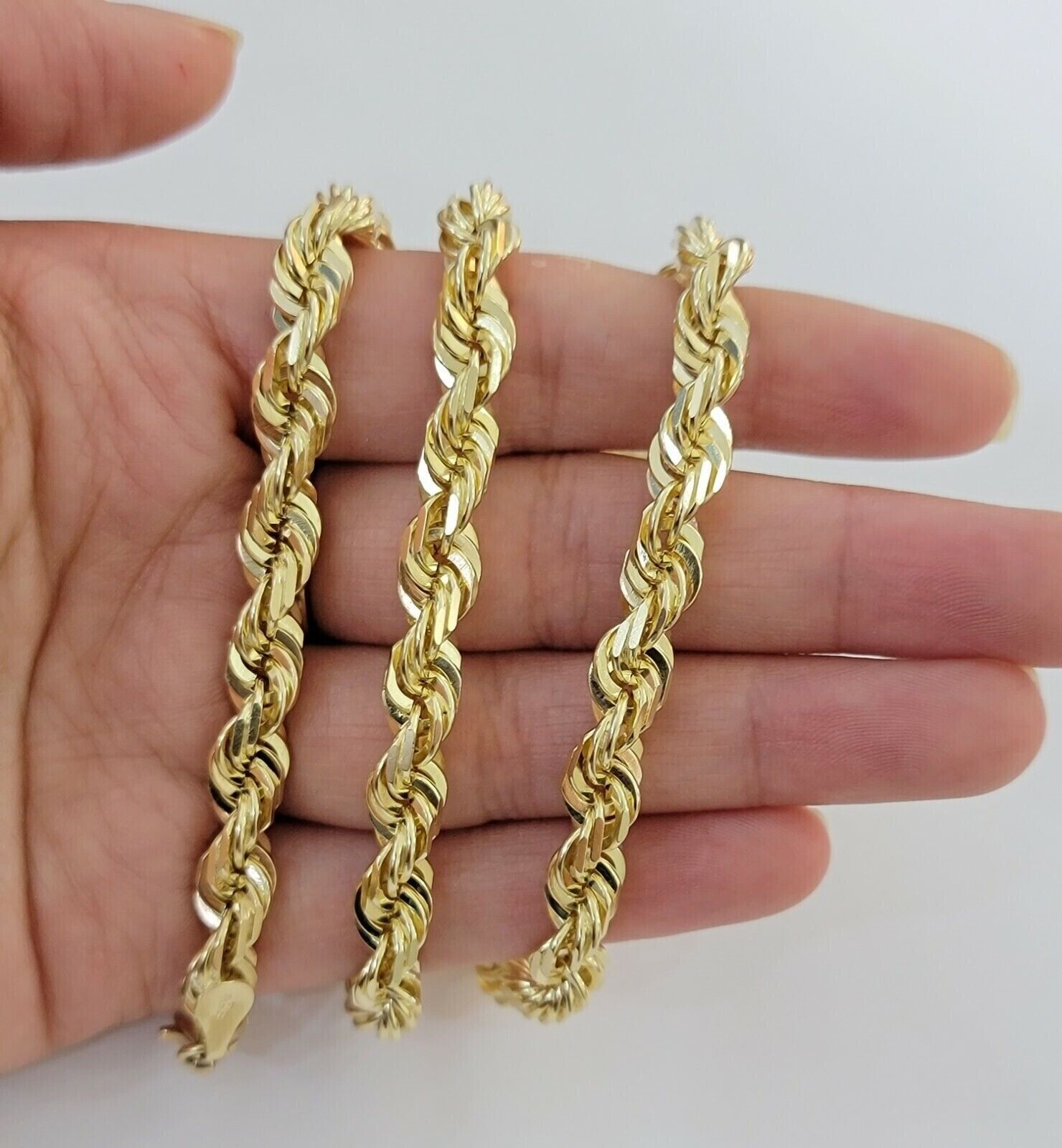Real 14k Gold Rope chain Necklace 7mm Solid Link 14kt Yellow Gold Diamond Cuts - GoldenlinQ